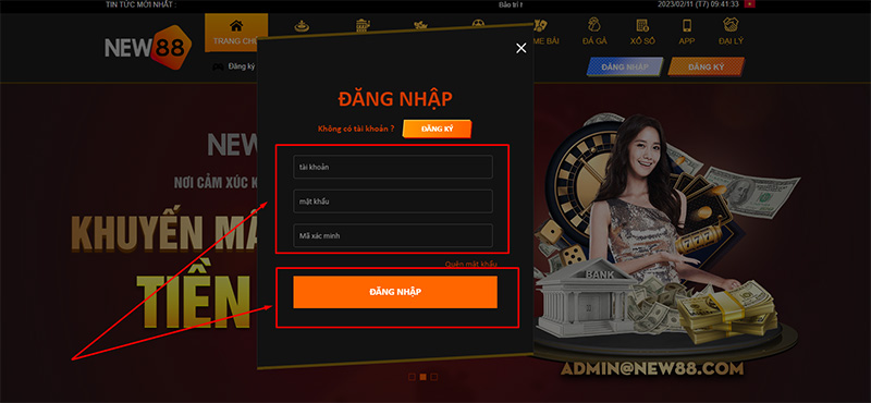 Nhập thông tin đăng nhập tài khoản nhà cái New 88
